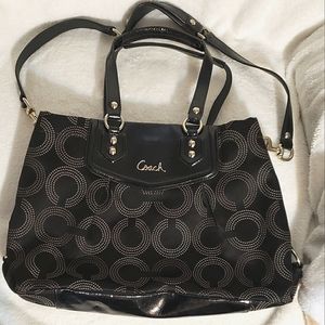 COACH Ashley Black Dotted Op Art Large Patent Leather Shoulder Bag F20049
